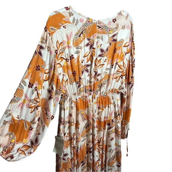 Böhme Cream Orange Floral Paisley Maxi Boho Dress Size Medium Balloon Sleeve - Picture 10 of 11